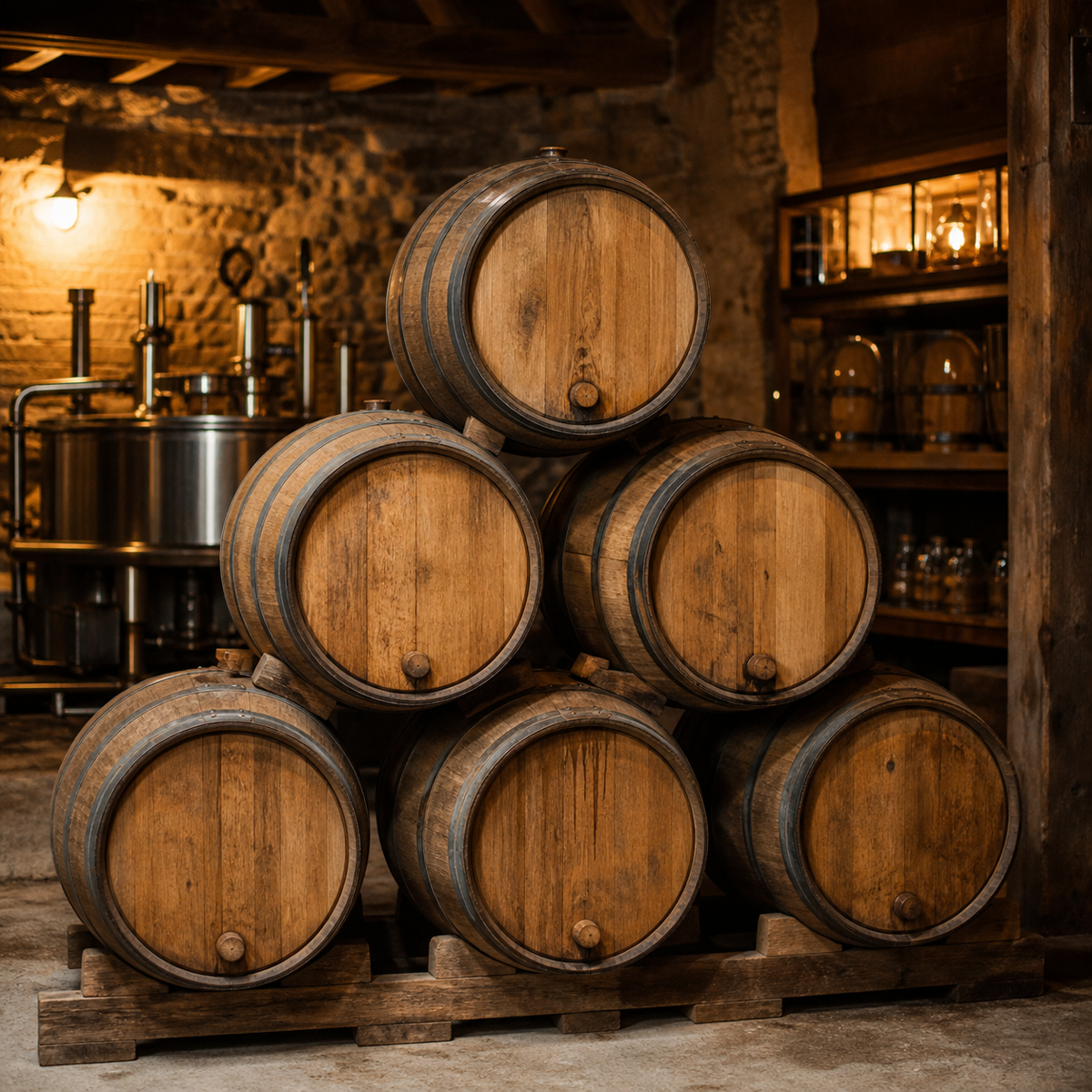 Barriles de madera apilados en la cava de la cervecería