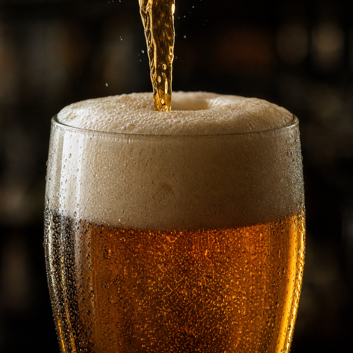 Cerveza artesanal dorada siendo servida en vaso, con espuma cremosa espesa